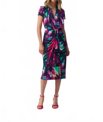 Joseph Ribkoff Tropical Print Draped Front Midi Sheath Dress In Multi