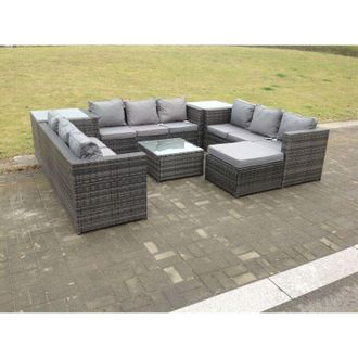 Fimous 10 Seater u Shape Rattan Sofa Set Outdoor Garden Furniture Patio With 3 Table Dark Grey Mixed - Fimous