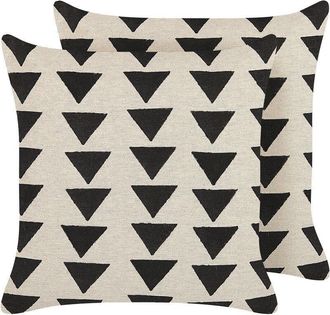 Beliani Beliani - Conjunto De 2 Cojines De Algod&oacute;n Negro Beige Claro 45 X 45 Cm A Mano Relleno Cercis