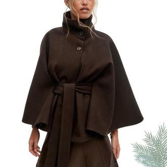 Generic Women Batwing Sleeve Ponchos Pea Coat, Oversized Belted Trendy Stand Collar Capes Jacket, Button Elegant Belted Cape Jacket (Brown,S)
