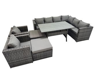 Fimous 10 Seater Patio Dining Corner Sofa Sets with 2 Chairs 2 Big Stools in Dark Grey