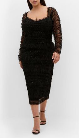 City Chic Sofie Swiss Dot Long Sleeve Cocktail Dress in Black at Nordstrom