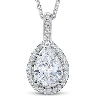 Pompeii3 1 1/4Ct Pear Shape Halo Diamond Pendant 14k White Gold Necklace Lab Grown