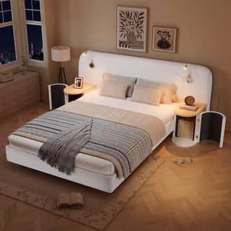Merax 4ft6 Double Upholstered Bed with Bedside Tables & Reading Lights in White