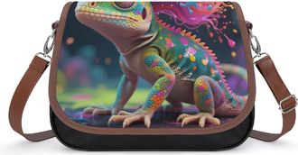 Generic Colorful Gecko with Rainbow Hair Small Womens Crossbody Bags Shoulder Handbag with Adjustable Strap for Travel