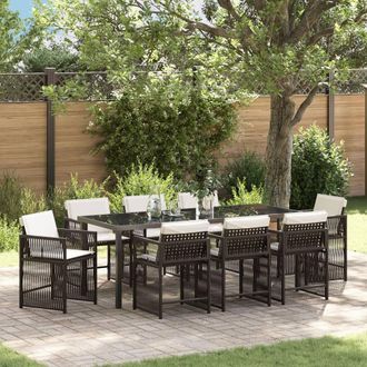 Berkfield Home 9 Piece Garden Dining Set with Cushions Brown Poly Rattan