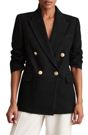Reiss Eden Double Breasted Linen Blend Jacket in Black at Nordstrom Rack, Size 10 Us / 14 Uk