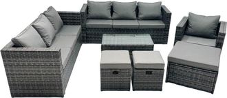 Fimous Fimous Rattan Garden Furniture Dining Set 10-seater Patio Coffee Table Sofa Set with 3 Stools Dark Grey Mixed