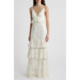 Black Halo Eris Floral Lace Tiered Gown in Cream at Nordstrom, Size 12
