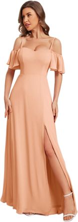 Ever-pretty Womens Maxi Ruffles One Shoulder Short Sleeve Empire Waist A Line Chiffon Bridesmaid Dresses with Side Slit Peach Pink 16UK