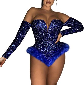 Generic Womens Zipper Offshoulder Sequin Velvet Long Sleeve Bodysuit Sexy Body Suit Tops Rompers Women Casual Sleeves (Blue, L)