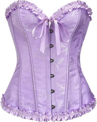 Generic Corset Tops for Women Lace Up Boned Overbust Corset Bustier Lingerie Lace Ruffle Trim Waist Training Push Up Bodysuit Adjustable Shapewear Plus Size L