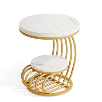 Tribesigns Gold Round End Table: Two-Tier Faux Marble Side Table with Storage Shelf, Modern White and Gold Bedside Nightstand