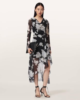 AllSaints Polyester Loria Draped Mesh Midi Dress, Size: UK 14/US 10