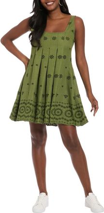 London Times Embroidered Eyelet Sleeveless Pleated Trapeze Dress in Pesto at Nordstrom Rack, Size X-Large