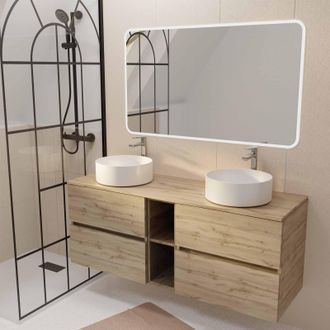 Aurlane Aurlane - Mueble De Ba&ntilde;o 140 Roble - 4 Cajones - Lavabos Blancos - Espejo Led 120x70