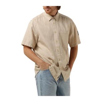 Calvin Klein Linnen Shirt met Korte Mouwen - Heren - Korte mouwen Overhemden - Beige - XS - Linnen - Overhemden