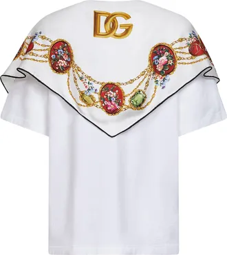 Dolce & Gabbana Womens White Jersey T-Shirt With Printed Silk Scarf Cotton T-Shirts & Jerseys