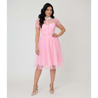 Unique Vintage 1950s Short Sleeve Collared Hollie Swing Dress in Pink Daisy Print at Nordstrom, Size X-Large