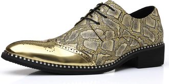 Generic Mens Shiny Snake Print Brogue Oxford Shoes | Metallic PU Leather Wingtip Dress Shoes for Party, Wedding, Stage and Club Wear,Gold,7.5 UK