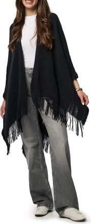 Saachi Tara Fringe Trim Open Front Ruana in Black at Nordstrom Rack