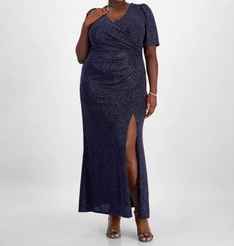 Alex Evenings Metallic-Knit Surplice-Neck Gown In Navy