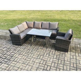 Fimous High Back Outdoor Garden Furniture Set Rattan Corner Sofa Dining Table Set With Armchair 7 Seater Dark Grey Mixed - Fimous