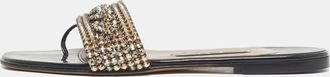 Gina Black Leather Crystal Embellished Leather Flat Slides