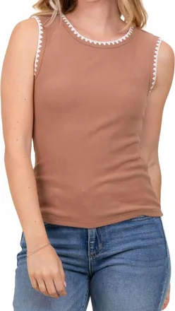 So Me Rib Sleeveless With Embroidery Detail Tank Top In Light Brown/cream