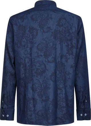 Etro Mens Blue Paisley Ramage-Pattern Denim Shirt Cotton