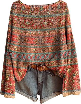 Generic Fairisle Norwegian Womens Jumpers Ethnic Art Print Casual Pullover Knitted Sweaters for Women UK Fashion Long Sleeve Tops Chenille Crewneck Blouse War