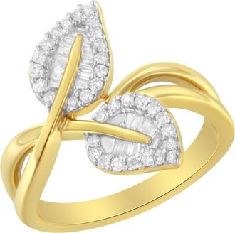 House of Brilliance 10K Yellow Gold 3/8 Cttw Round and Baguette-Cut Diamond Leaf Cocktail Ring