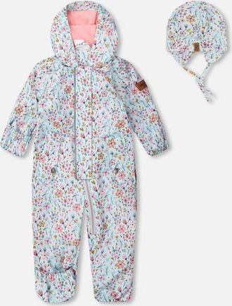 Deux par Deux Baby Mid-Season One-Piece Mini Flower Print Outerwear with Hat in Blue Mini Flower Print at Nordstrom, Size 12M