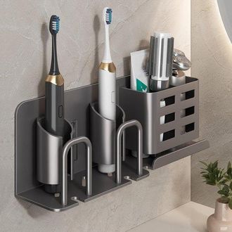 OEM Soporte De Pared Para Cepillos De Dientes El&eacute;ctricos, Organizador De Ba&ntilde;o De Aluminio Sin Necesidad De Taladrar, Vasos Y Pasta De Dientes
