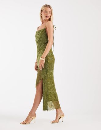 Asos Vestito lungo asimmetrico a strati verde oliva decorato con perline