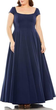 Mac Duggal Cap Sleeve Square Neck Ballgown in Midnight at Nordstrom, Size 20W