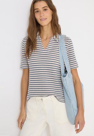 Cecil T-Shirt CECIL, Damen, Gr. XXL (46), sporty denim blau, Jersey, Obermaterial: 70% Baumwolle, 19% Polyester, 11% Viskose, gestreift, l&auml;ssig geschnitten 