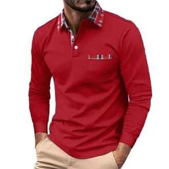 Generic Polo Shirts for Men Adult, Mens Turndown Collar Long Sleeve Polo T Shirts, Male Summer Button Plaid Tees, Casual Smart Work Polo Blouse, Regular Fit G