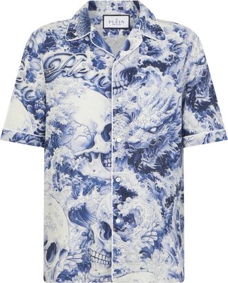 Philipp Plein Linen Bowling Shirt All-Over Ceramic - Heren - Korte mouwen Overhemden - Blauw - M - Katoen - Overhemden