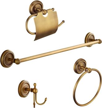 OEM Juego De Accesorios De Ba&ntilde;o De 4 Piezas - Lat&oacute;n Antiguo - Toallero De 40 Cm, Soporte Y Gancho, Portarrollos De Papel Higi&eacute;nico Y Anillo Para Toallas