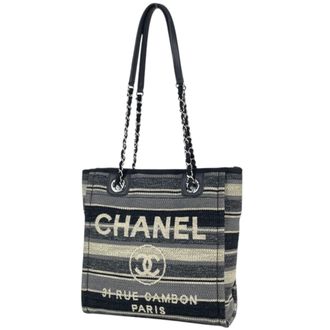 Chanel Black Gray Canvas Leather Tote Bag (Pre-Owned)