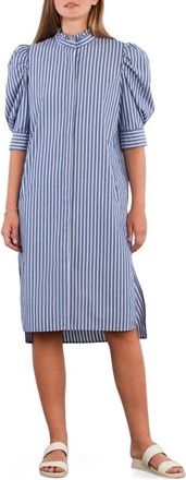 BILLY T Sweet Stripe Puff Sleeve Cotton Shirtdress in Regatta Blue at Nordstrom, Size X-Large