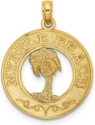 Diamond2Deal 14k Yellow Gold MYRTLE BEACH with Palm Tree Circle Charm Pendant
