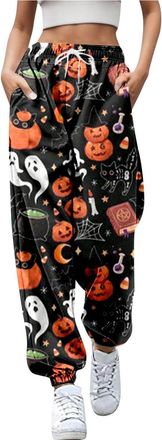 Generic Womens Halloween Sweatpants Funny Fresh Pumpkin Printed Loose Holiday Trousers with Pockets High Waisted Gym Athletic Joggers Pants (C015-Orange, XL)