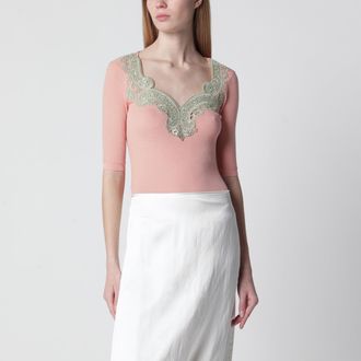 Chlo&eacute; Fitted elbow-sleeve ribbed wool sweater with lace trim in pink