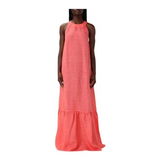 120% Lino Kleedjes, Dames, Rood, M, Linnen, Elegante Linnen Maxi Jurk Gerende Rok