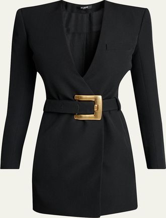 Balmain Belted Strong-Shoulder Long-Sleeve Mini Dress