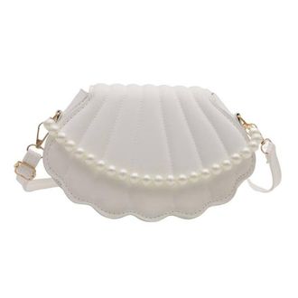 Generic PU Leather Shoulder Bag Seashell Women Crossbody Bag Pearl Chain Clutch Purse with Adjustable Strap Satchel Bag for Party Prom Cocktail (White)