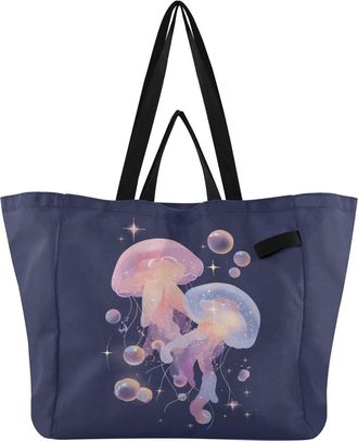 Generic Jellyfish Bubble Blue pattern Reusable Canvas Tote Bag, Heavy Duty Grocery Shopping Bag with Large Capacity Double Handles Hard Bottom Work Groceries 