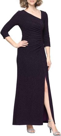 S.L. Fashions Metallic Knit Ruched Cocktail Dress in Plum at Nordstrom, Size 16